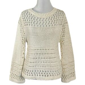 Vintage Bebe Retro 70s Crochet Knit Sweater in Ivory Cream Bell Sleeves Size XS